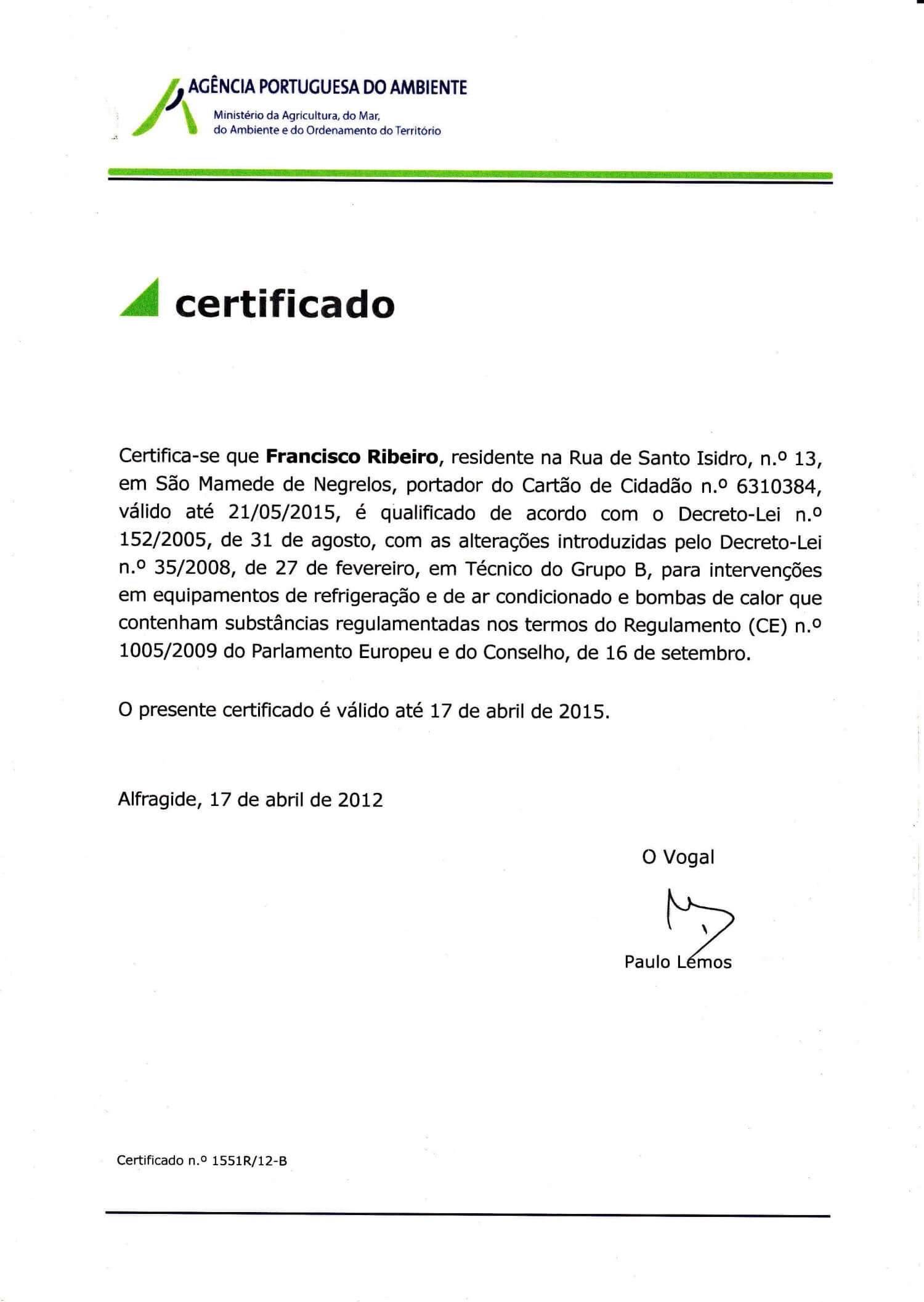 Certificado tecnico grupo B 2015